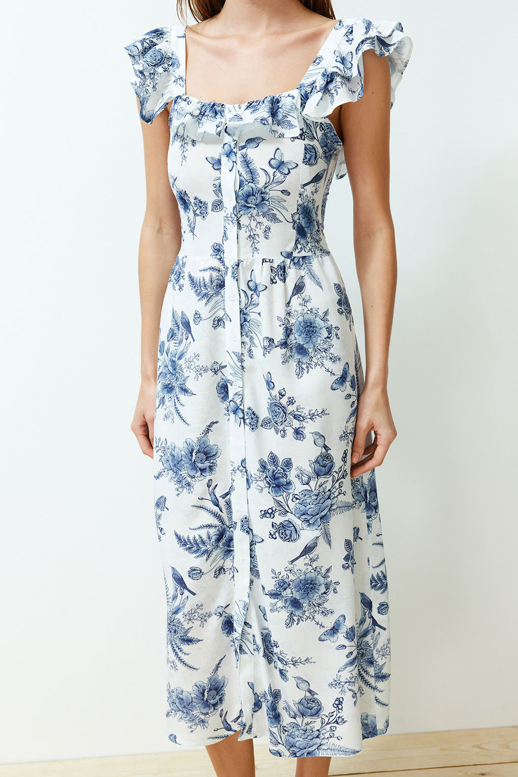 Mavi Cicek Desenli Kare Yaka Viskon Midi Dokuma Elbise TWOSS24EL00309 - Trendyolmilla фото 4