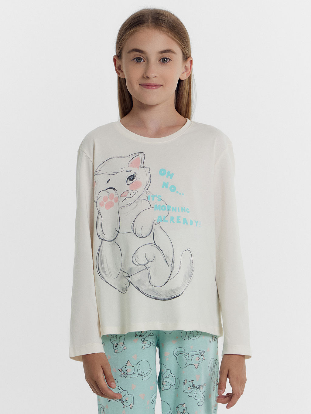 Комплект для девочек (джемпер, брюки) бежево-голубой с котиками - Mark formelle фото 5