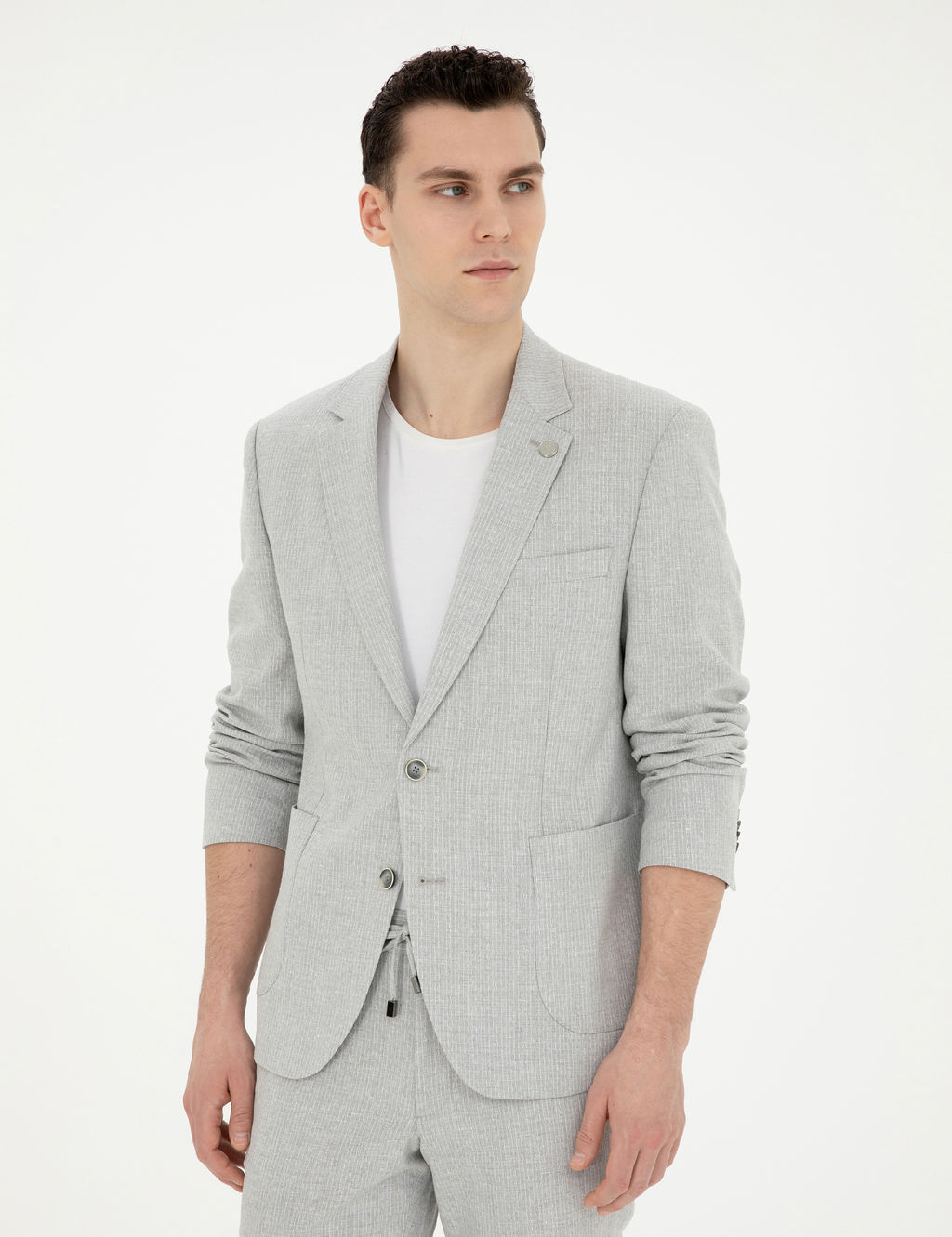 Gri Slim Fit Keten Kar___ml_ _izgili Tak_m Elbise