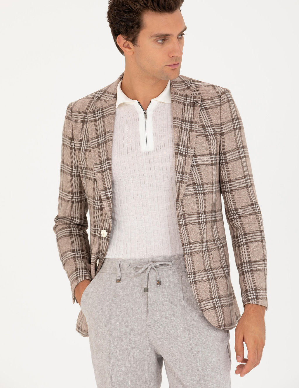 Kahverengi Slim Fit Keten Kar___ml_ Ceket