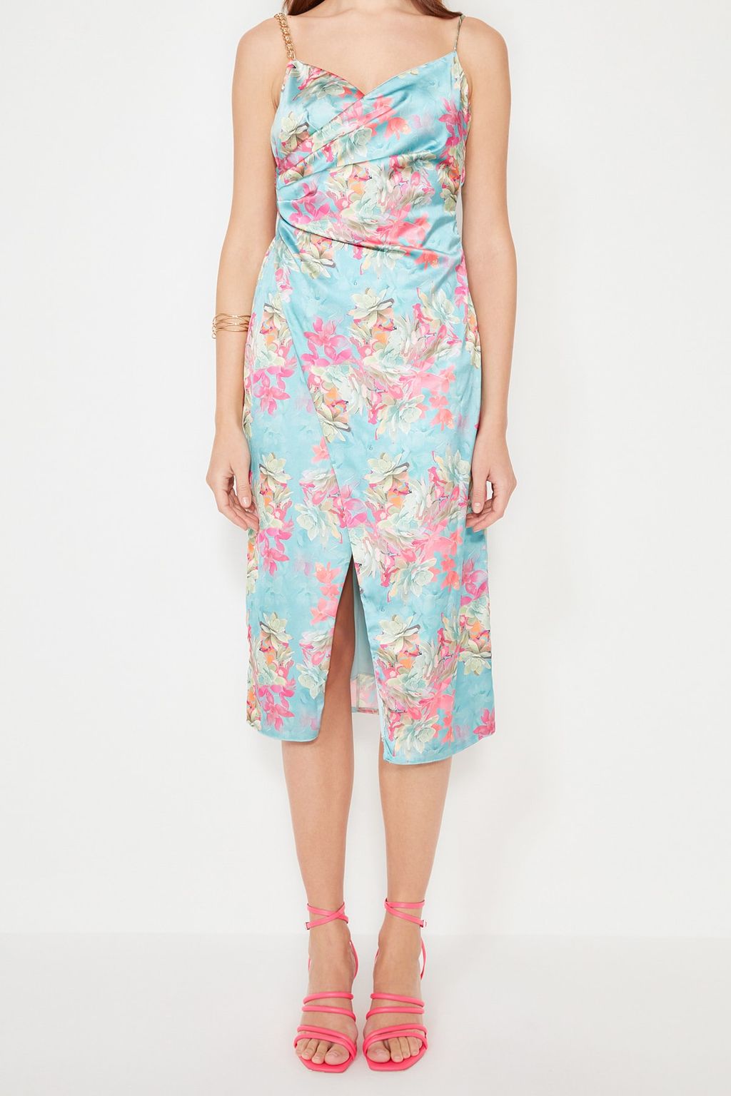 TRENDYOLMILLA Cok Renkli Cicek Bask?l? Dokuma Saten S?k Abiye Elbise TPRSS21EL3753 фото 5