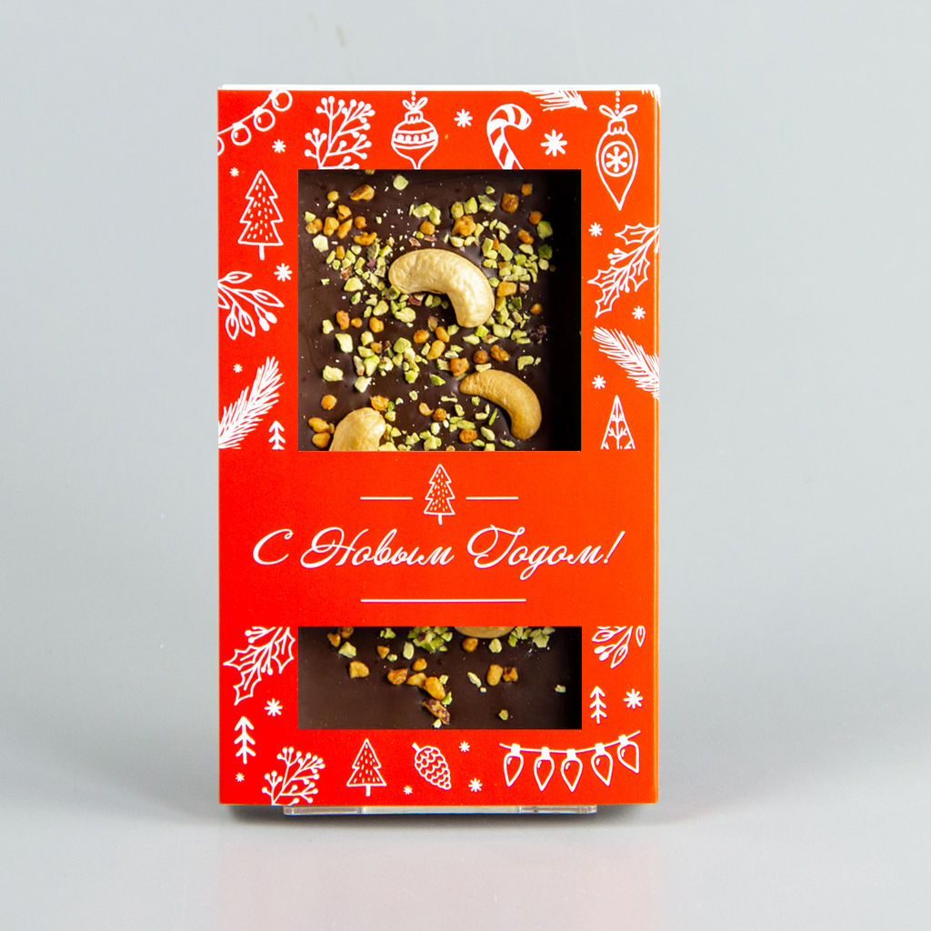 Тёмный шоколад с жареным кешью, карамелизированным фундуком и фисташками, красная коробочка #2