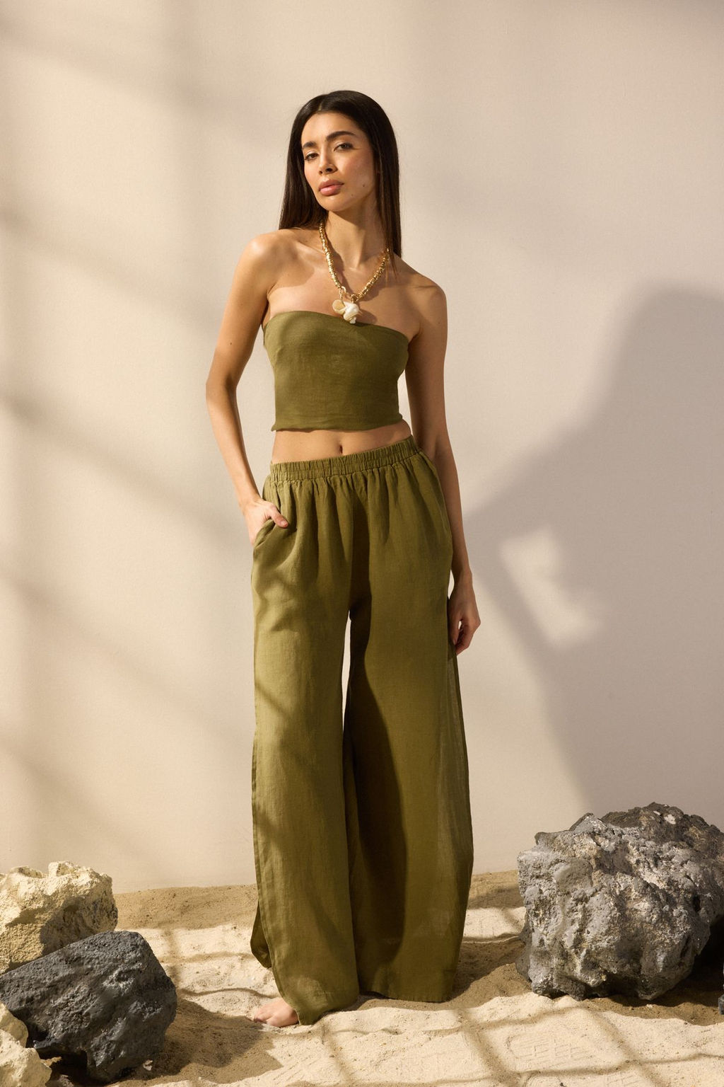 Haki Dokuma Y?rtmacl? %100 Keten Maxi Plaj Yuksek Bel Pantolon TBESS25PL00004