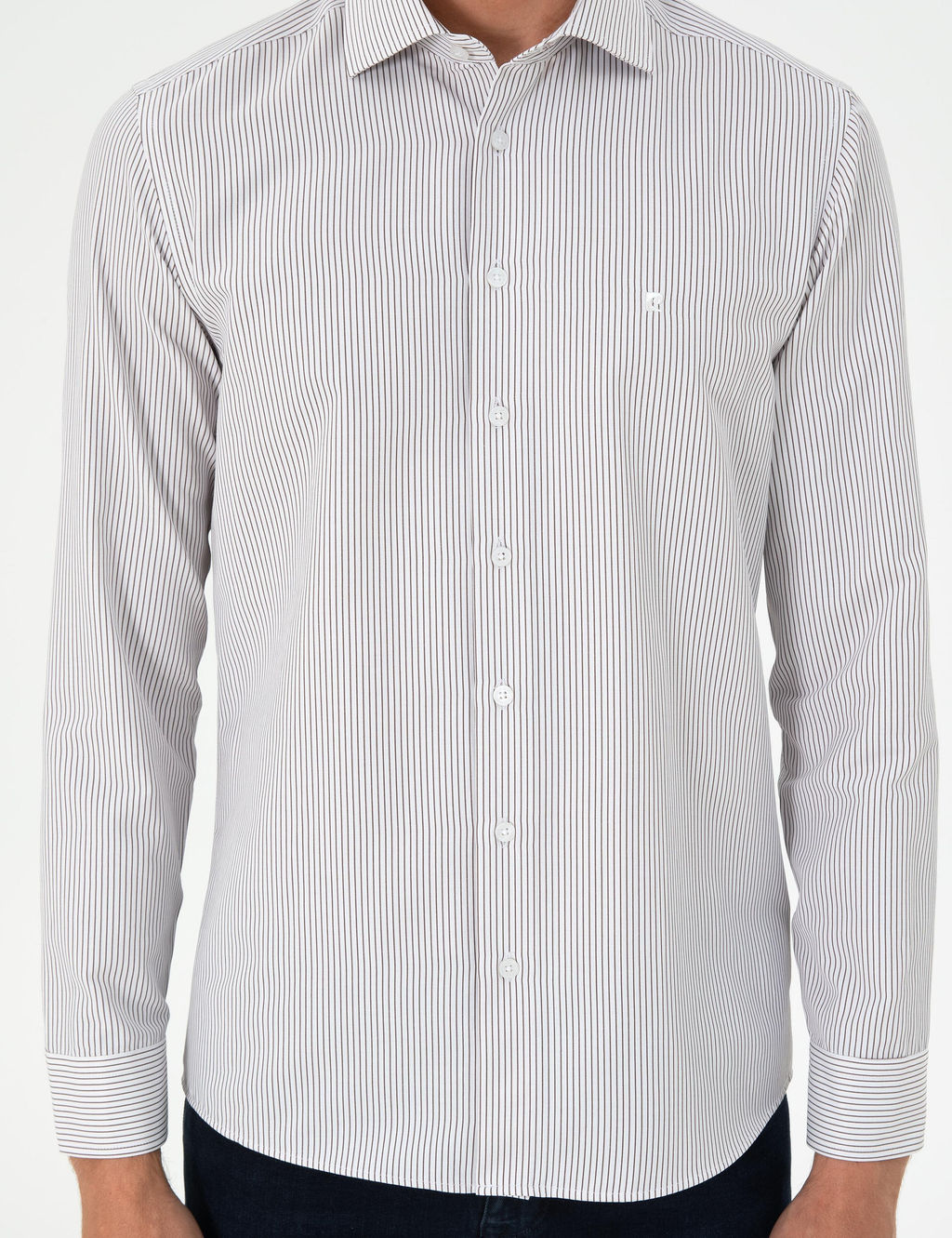Kahverengi _izgili Slim Fit Uzun Kollu G_mlek