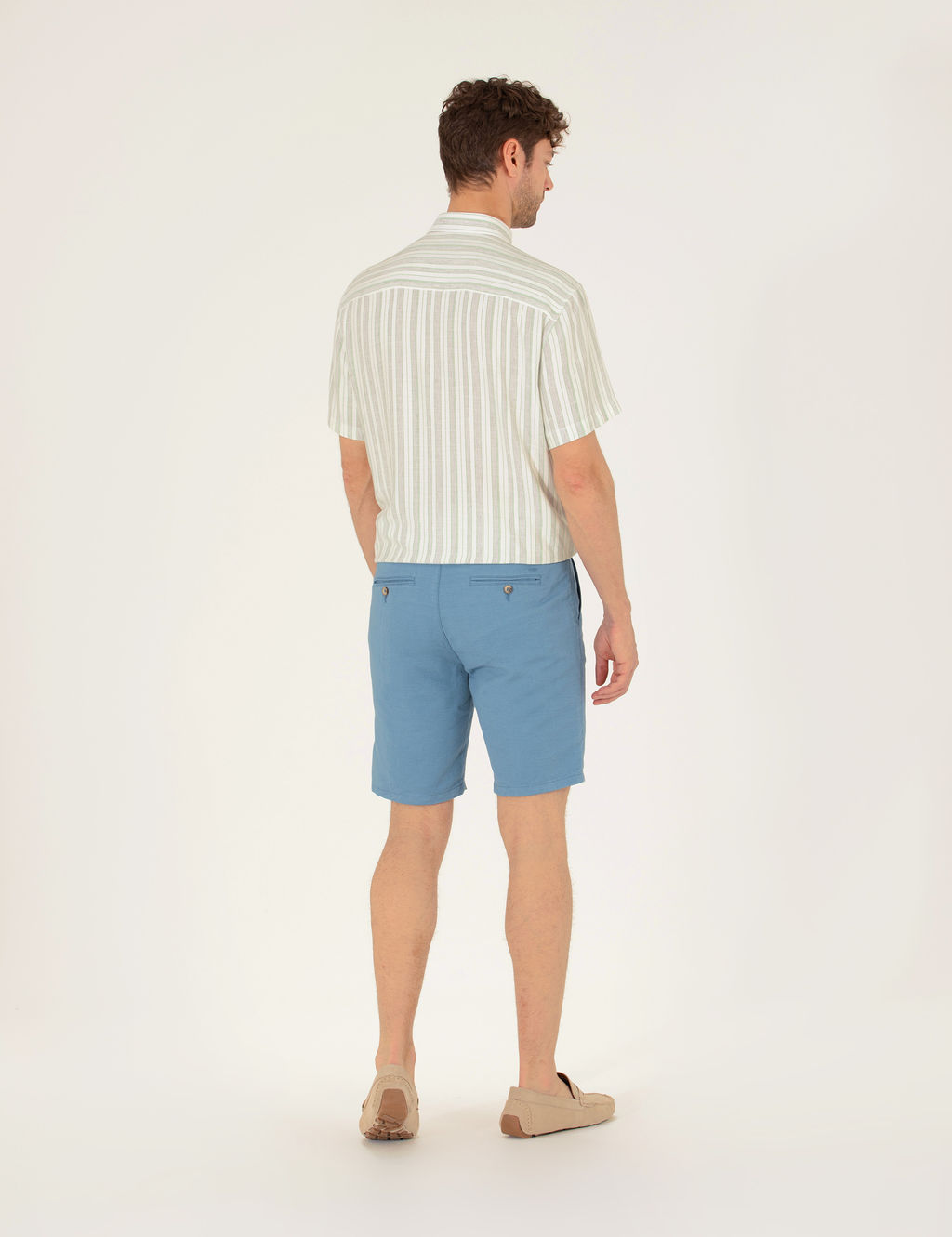 Koyu Mavi Slim Fit Keten Kar___ml_ Beli Lastikli Bermuda _ort