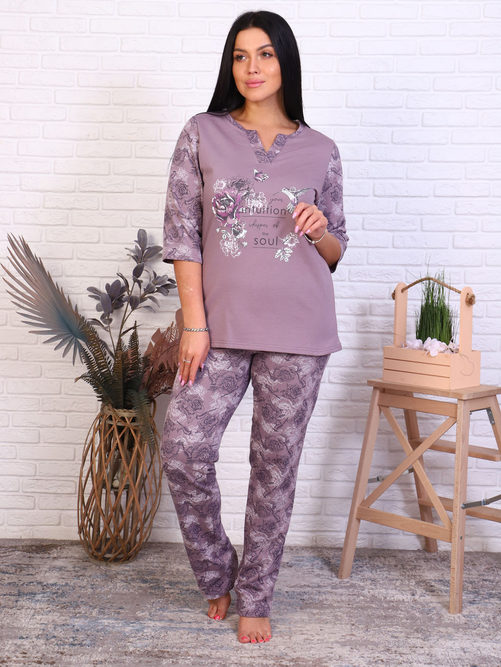 Пижама с брюками футер с начёсом, принт, кофе (945-2)