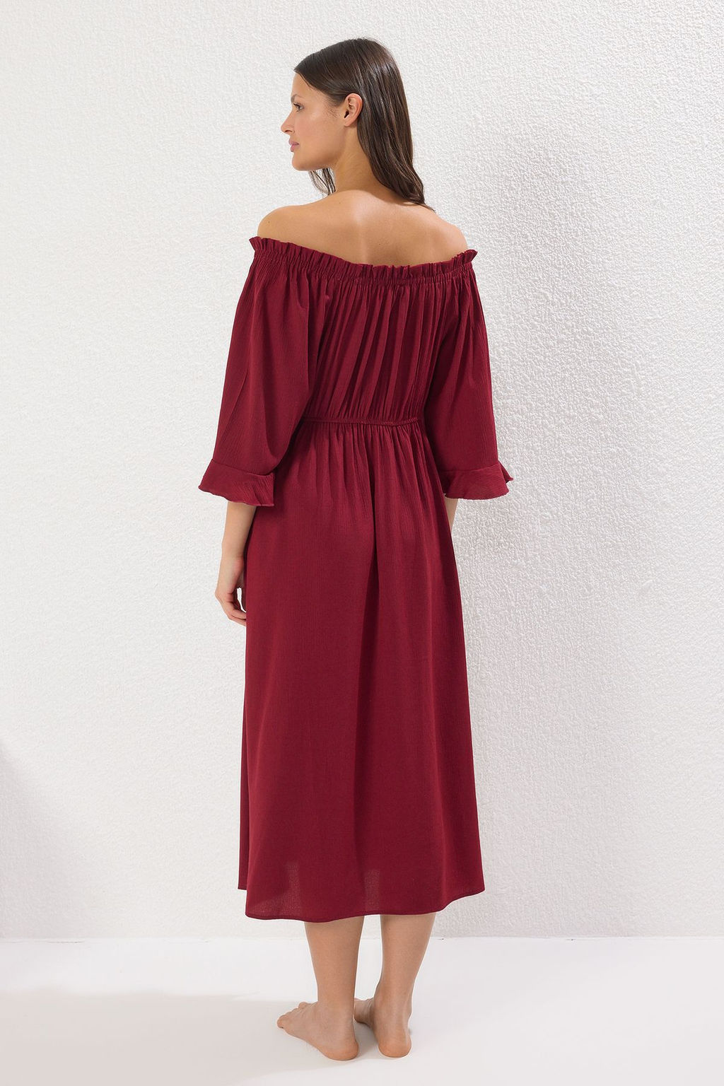 Bordo Dokuma F?rf?rl? Plaj Midi Elbise TBESS25EL00122 - Trendyolmilla фото 4