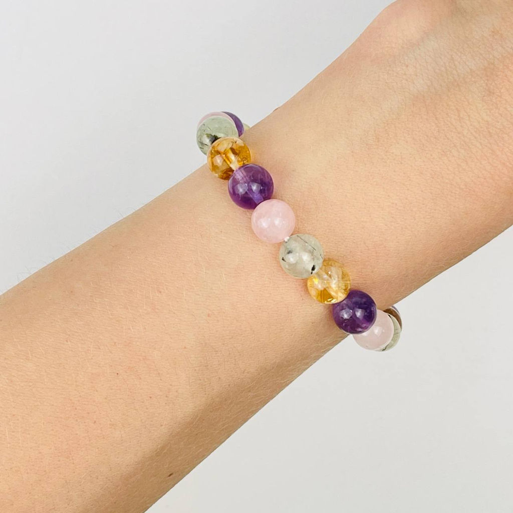 Браслет из Пренита, Аметиста, Розового кварца и Цитрина 17 см