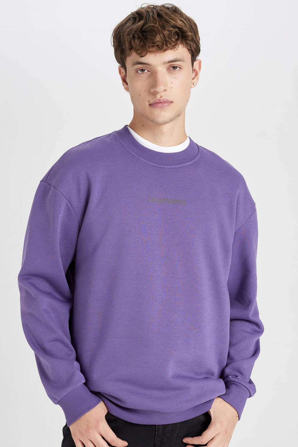 Boxy Fit Bisiklet Yaka Bask?l? Sweatshirt - Defacto фото 4