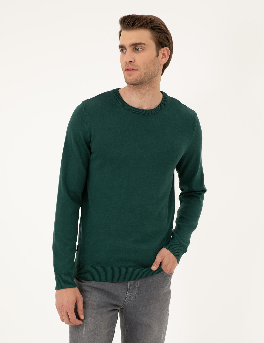 Ye_il Slim Fit Bisiklet Yaka Basic Triko Kazak