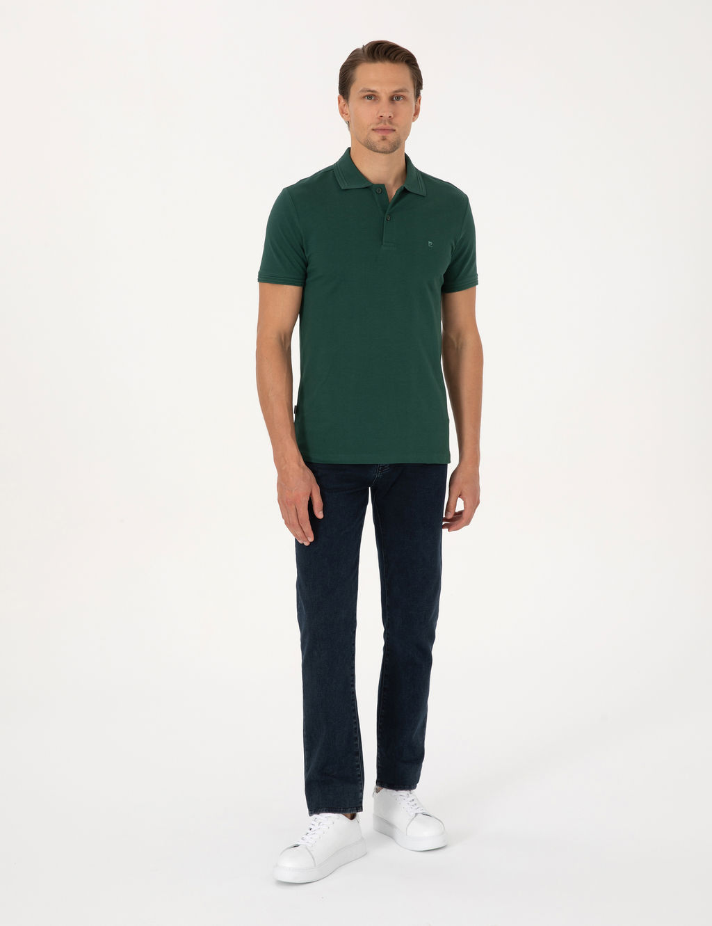 Koyu Ye_il Slim Fit %100 Pamuk K_vr_lmaz D__meli Polo Yaka Basic Ti__rt