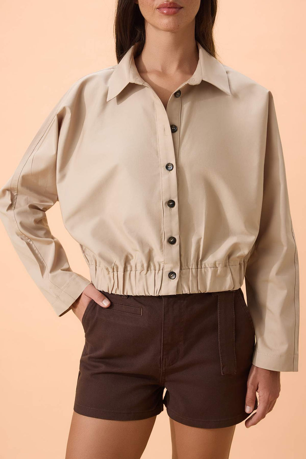Bej Dugmeli Beli Lastikli Ince Mevsimlik Poplin Ceket TWOSS26CE00036 - Trendyolmilla фото 11