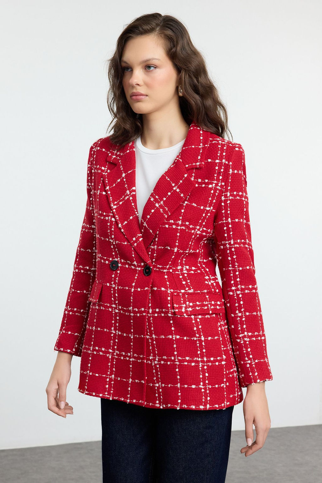 K?rm?z? Oversize Dokuma Ekose Blazer Ceket TWOAW21CE0105