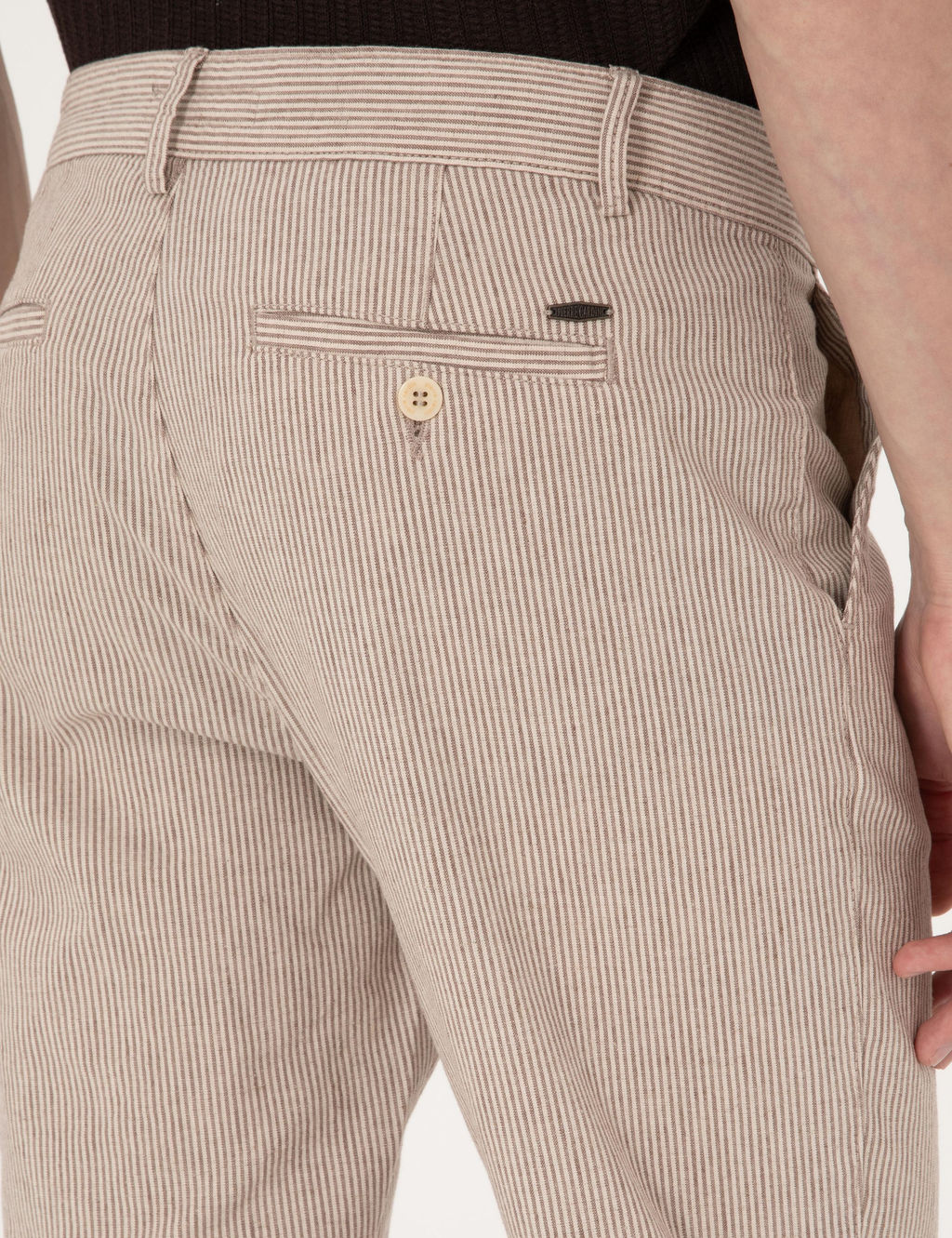 Bej Slim Fit Keten Kar___ml_ Beli _pli _izgili Kanvas Pantolon