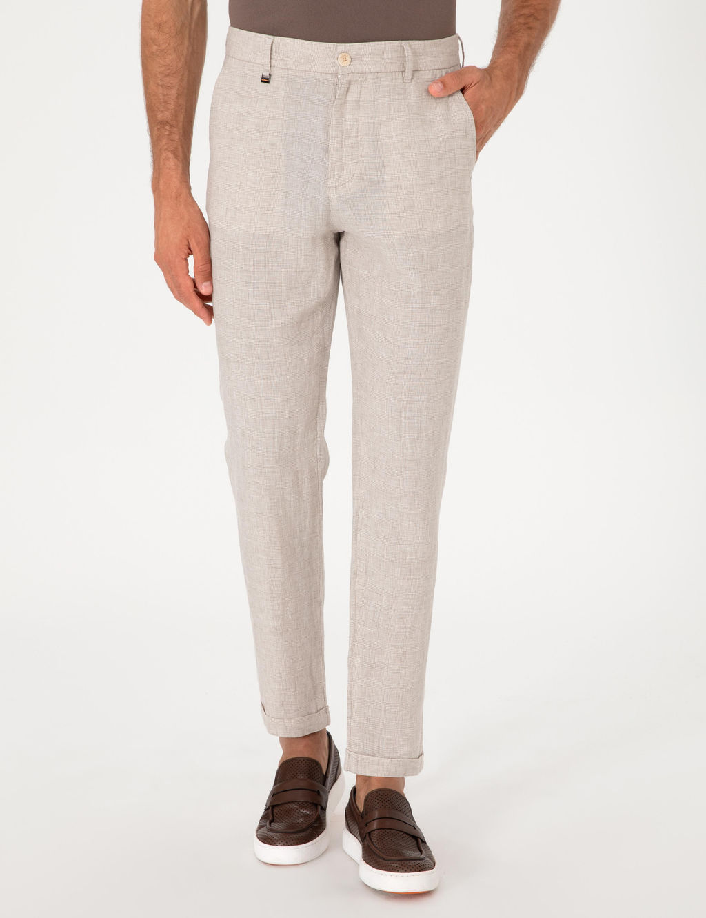 Bej Carrot Fit Ekose %100 Keten Spor Pantolon