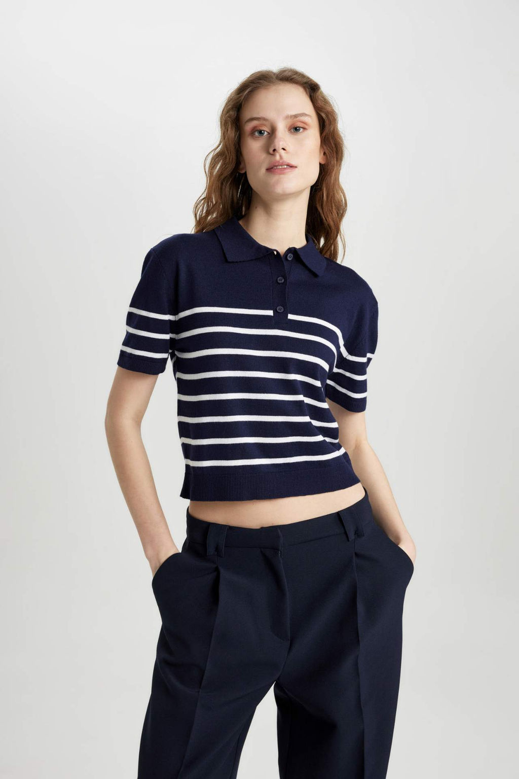Regular Fit Polo Yaka Cizgili K?sa Kollu Triko Tisort - Defacto фото 2