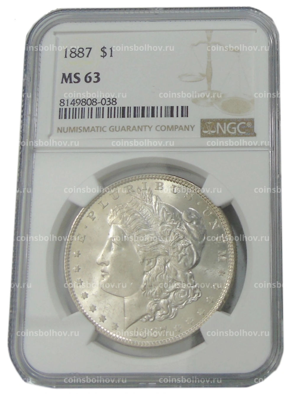 Монета 1 доллар 1887 года США Доллар Моргана (в слабе NGC MS 63)