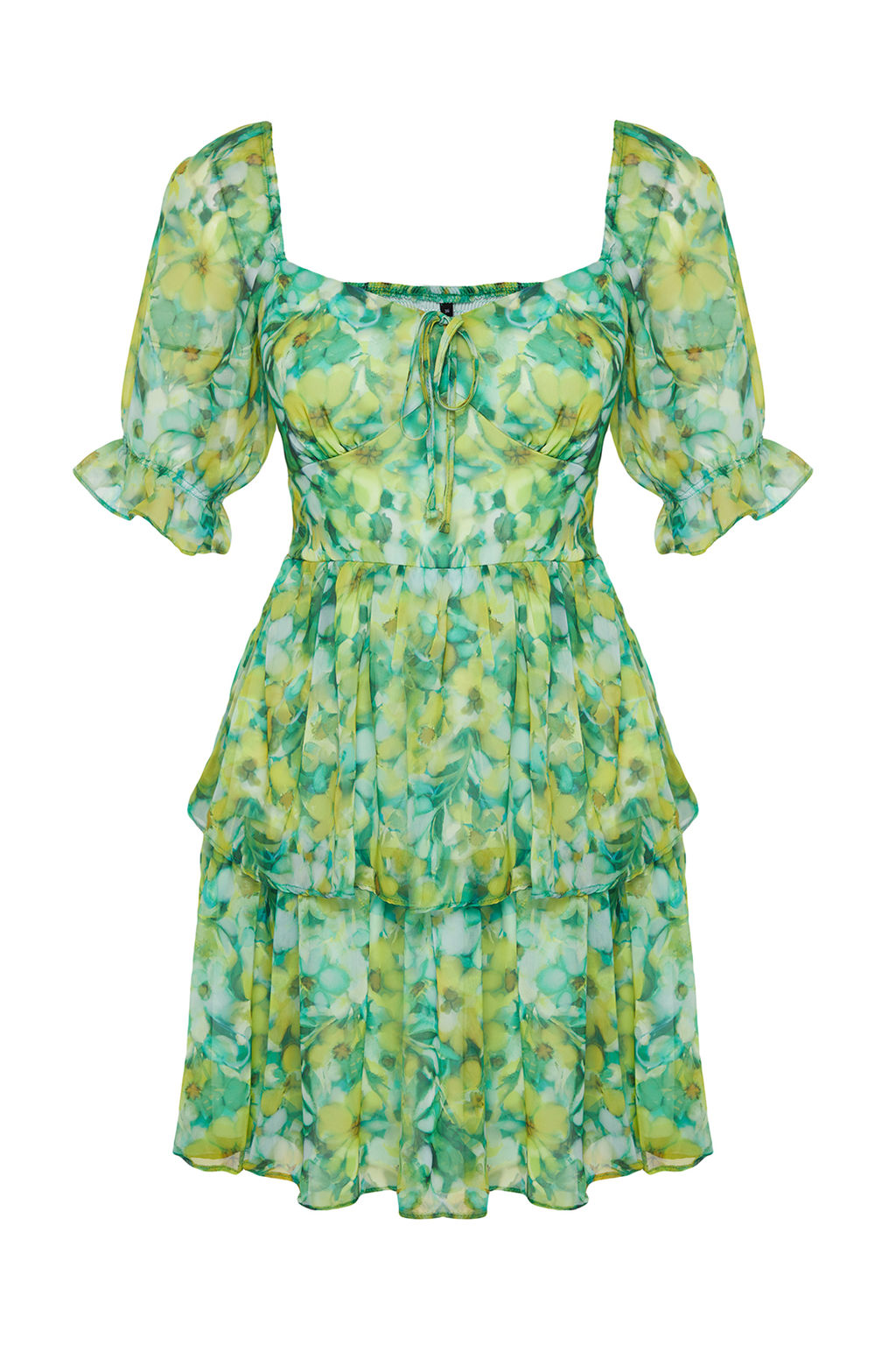 Yesil Cicekli Etegi Volanl? Skater/Belden Ac?lan Sifon Mini Astarl? Dokuma Elbise TWOSS22EL2772