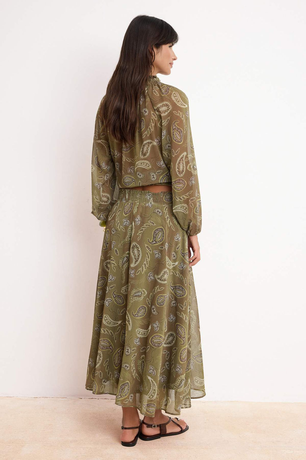 Haki Renkli Sifon Etnik Desenli Astarl? Maxi Uzun Etek TWOSS26ET00050 - Trendyolmilla фото 4