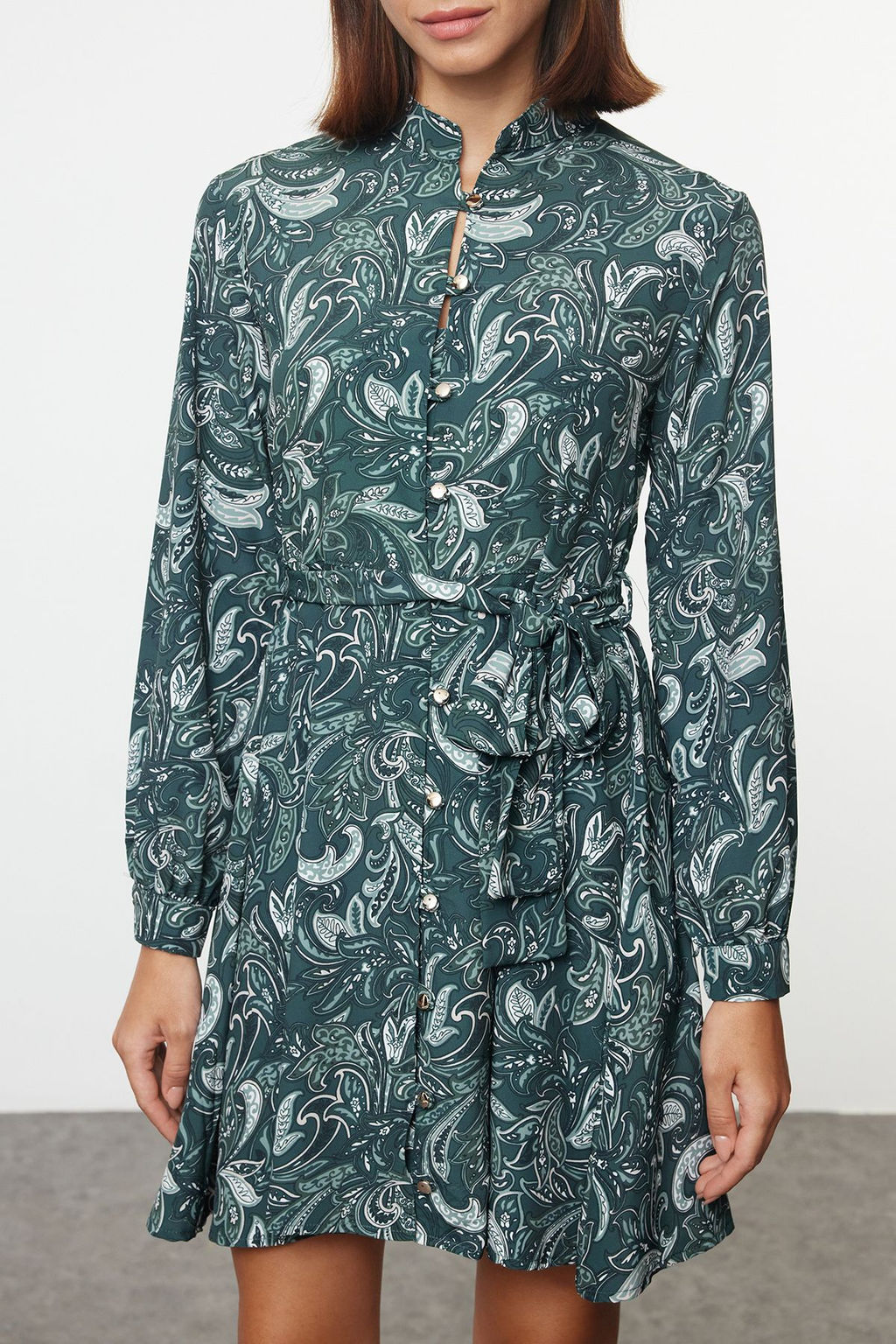 Trendyolmilla Yesil Kusakl? Sal Desen Astarl? Mini Dokuma Gomlek Elbise TWOAW25EL00163 фото 3