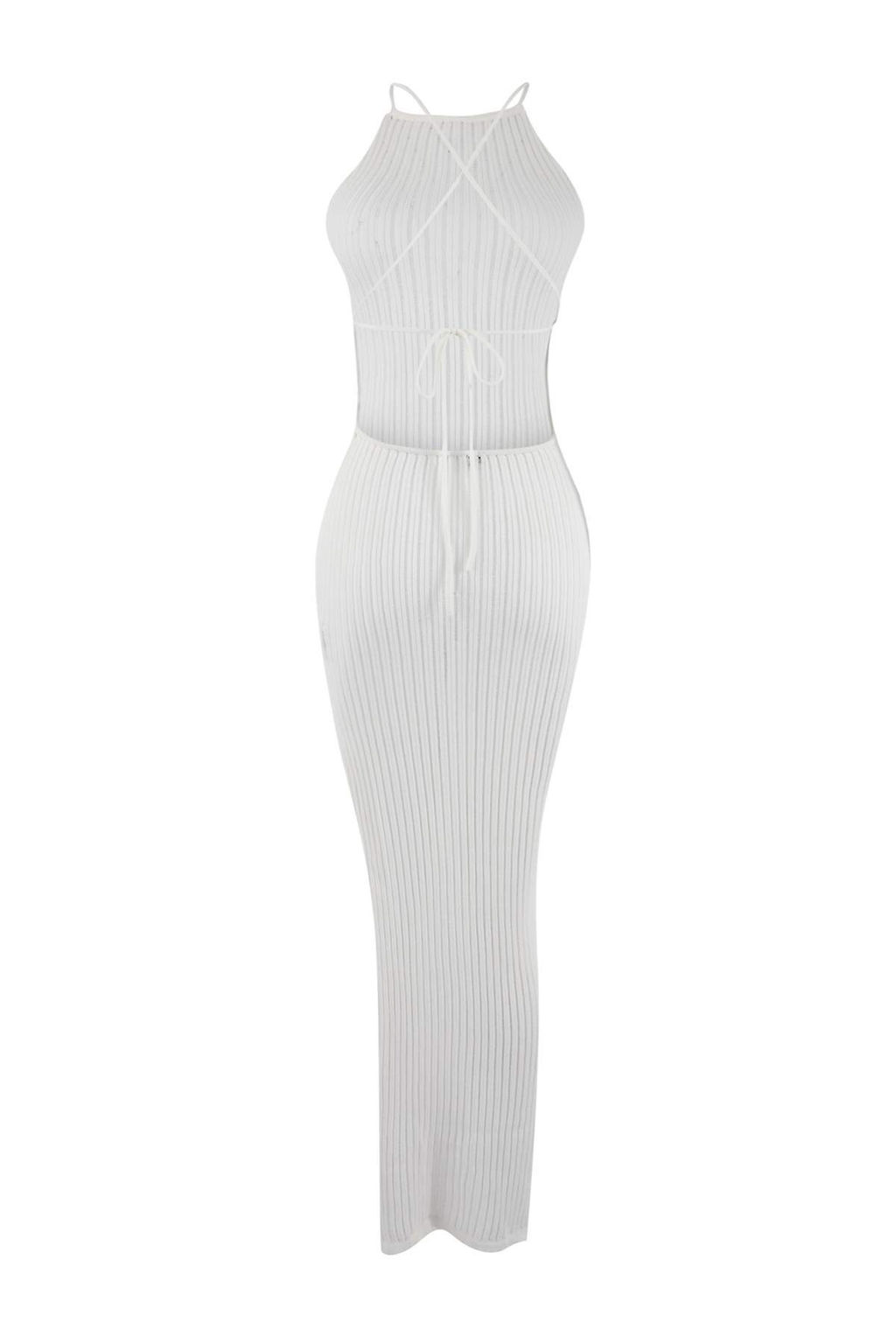 Ekru Vucuda Oturan Maxi Triko S?rt Dekolteli Plaj Elbisesi TBESS24EL00054