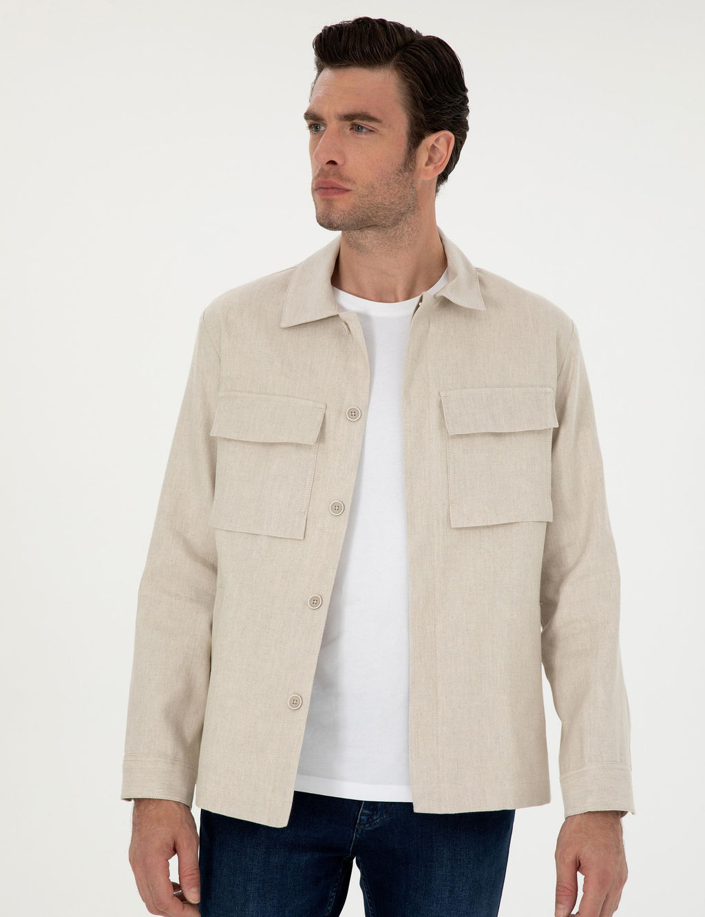 Bej Slim Fit Keten Kar___ml_ Ceket G_mlek