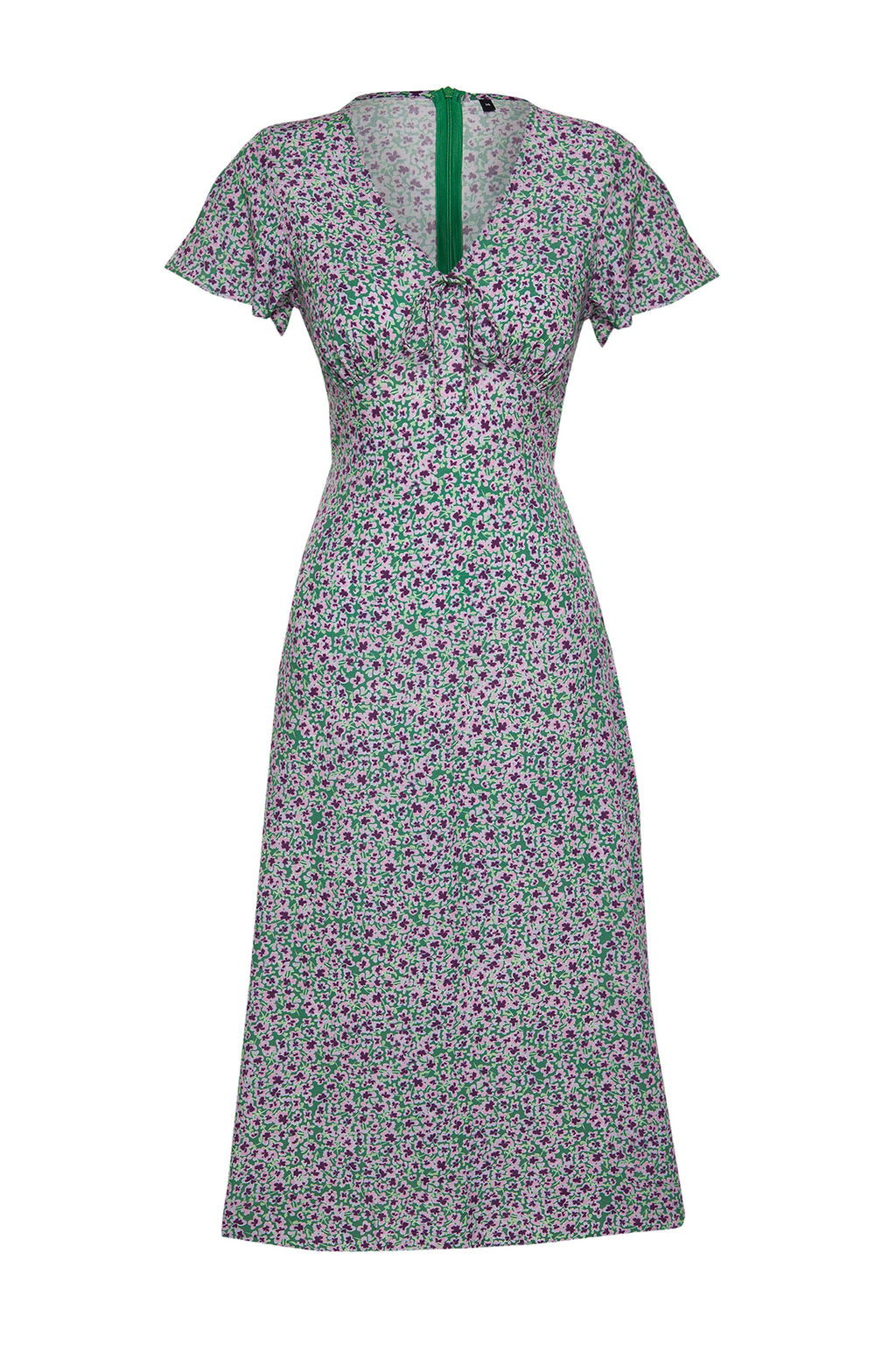 Yesil Cicek Desenli A Kesim V Yaka Midi Dokuma Elbise TWOSS24EL00618 - Trendyolmilla фото 7