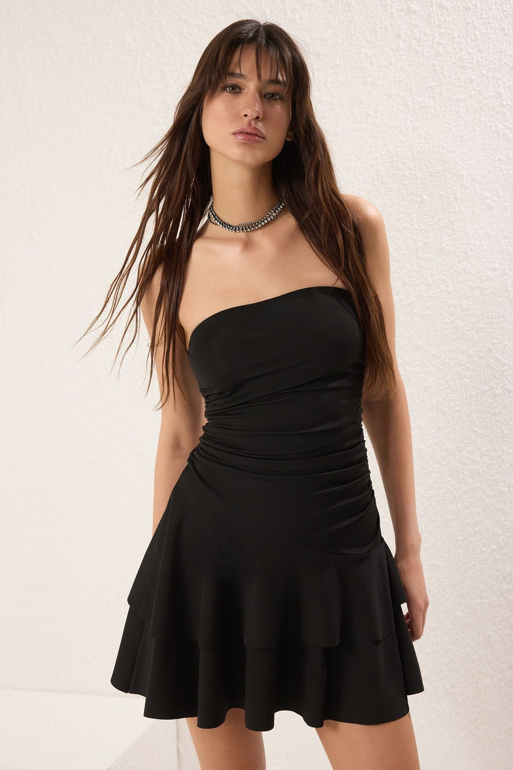 Siyah Straplez Orme Mini S?k Abiye Gece Mezuniyet Elbisesi TPRSS25EL00255