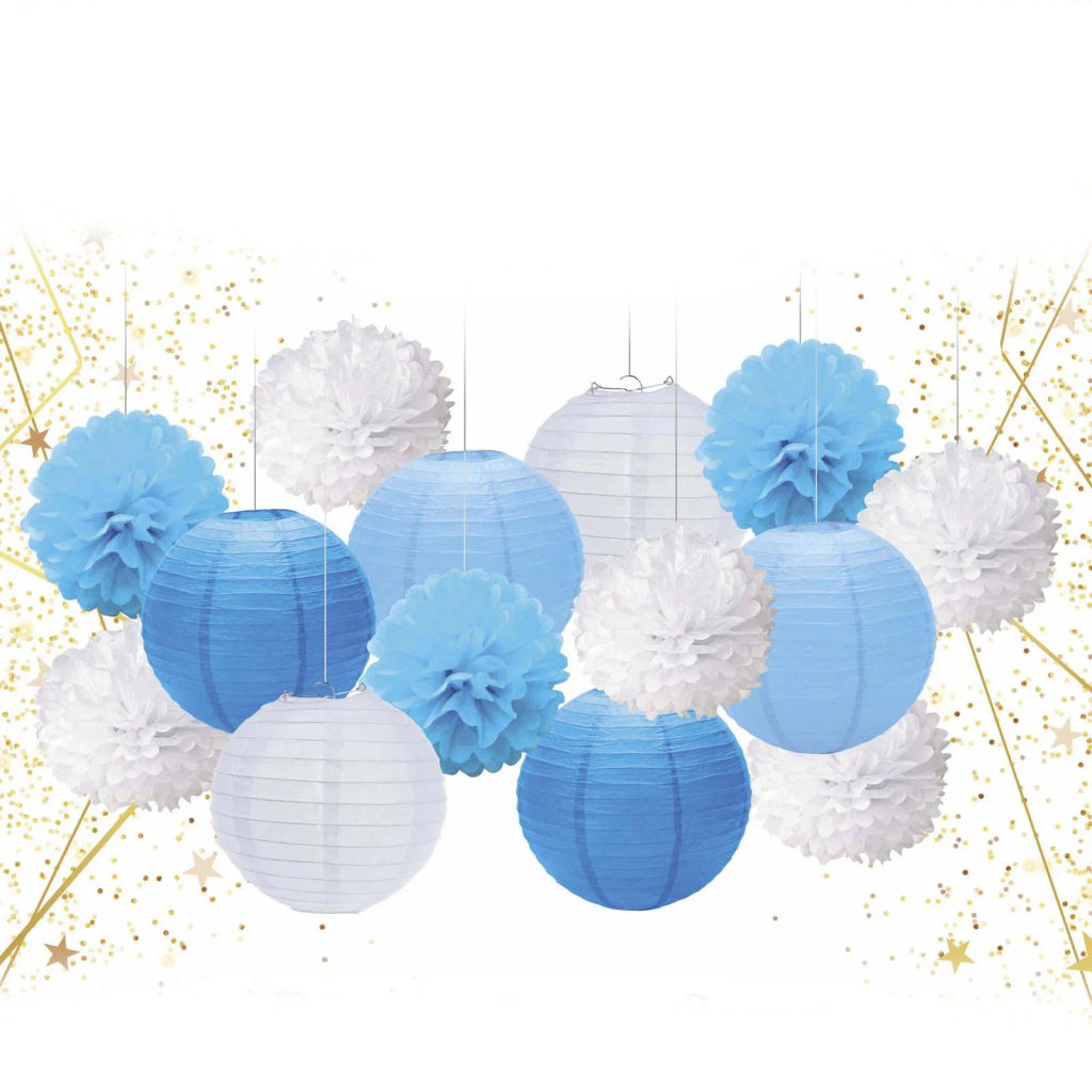 Набор помпонов и фонариков "Весёлый праздник" (14 предметов), Голубой/Белый