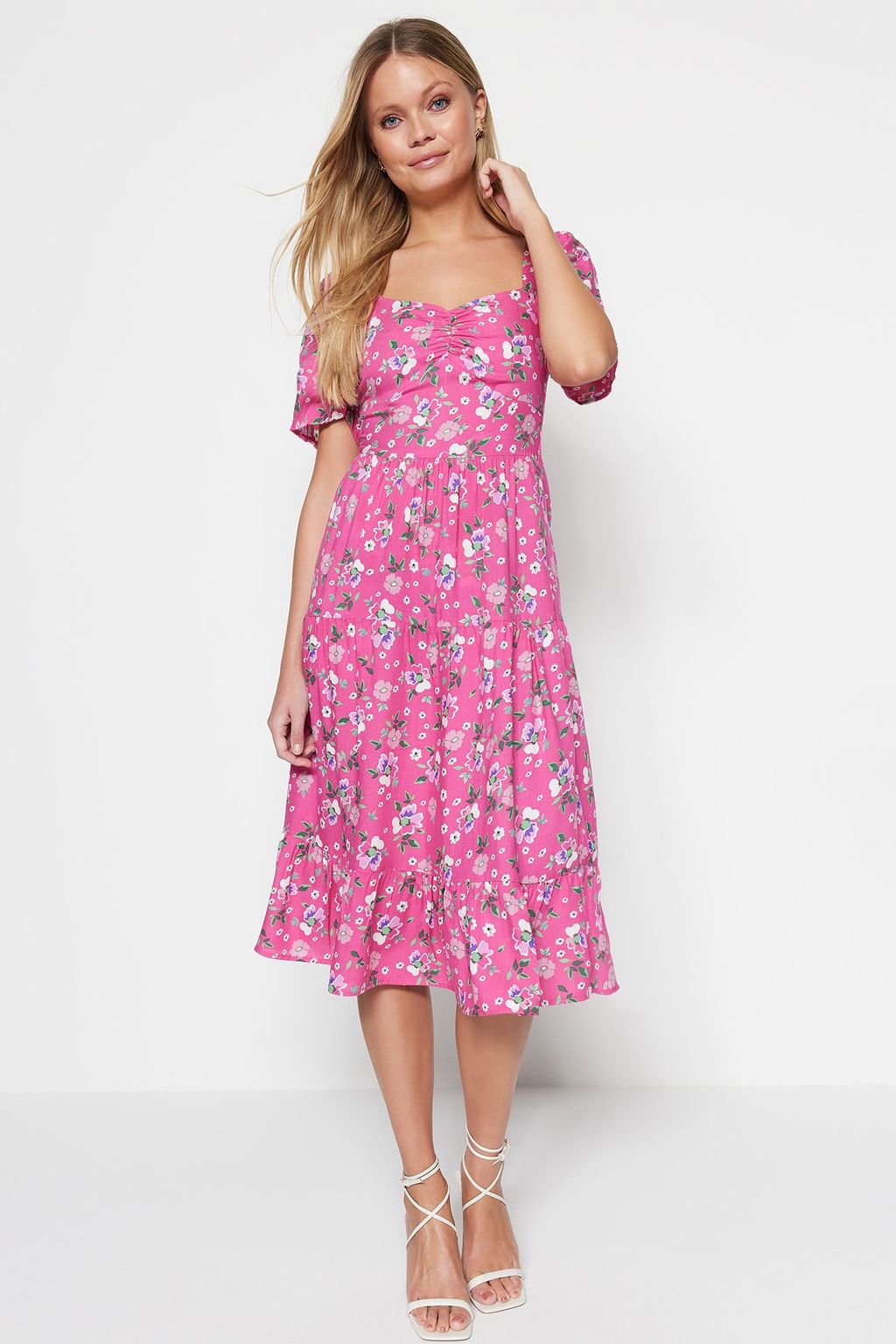 Pembe A Kesim Balon Kollu Cicek Desenli Midi Dokuma Elbise TWOSS20EL2323