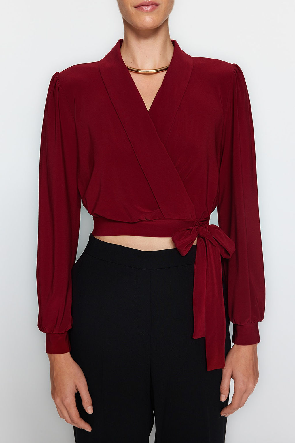Bordo Kruvaze Kapamal? Crop Esnek Orme Bluz TWOAW24BZ00071
