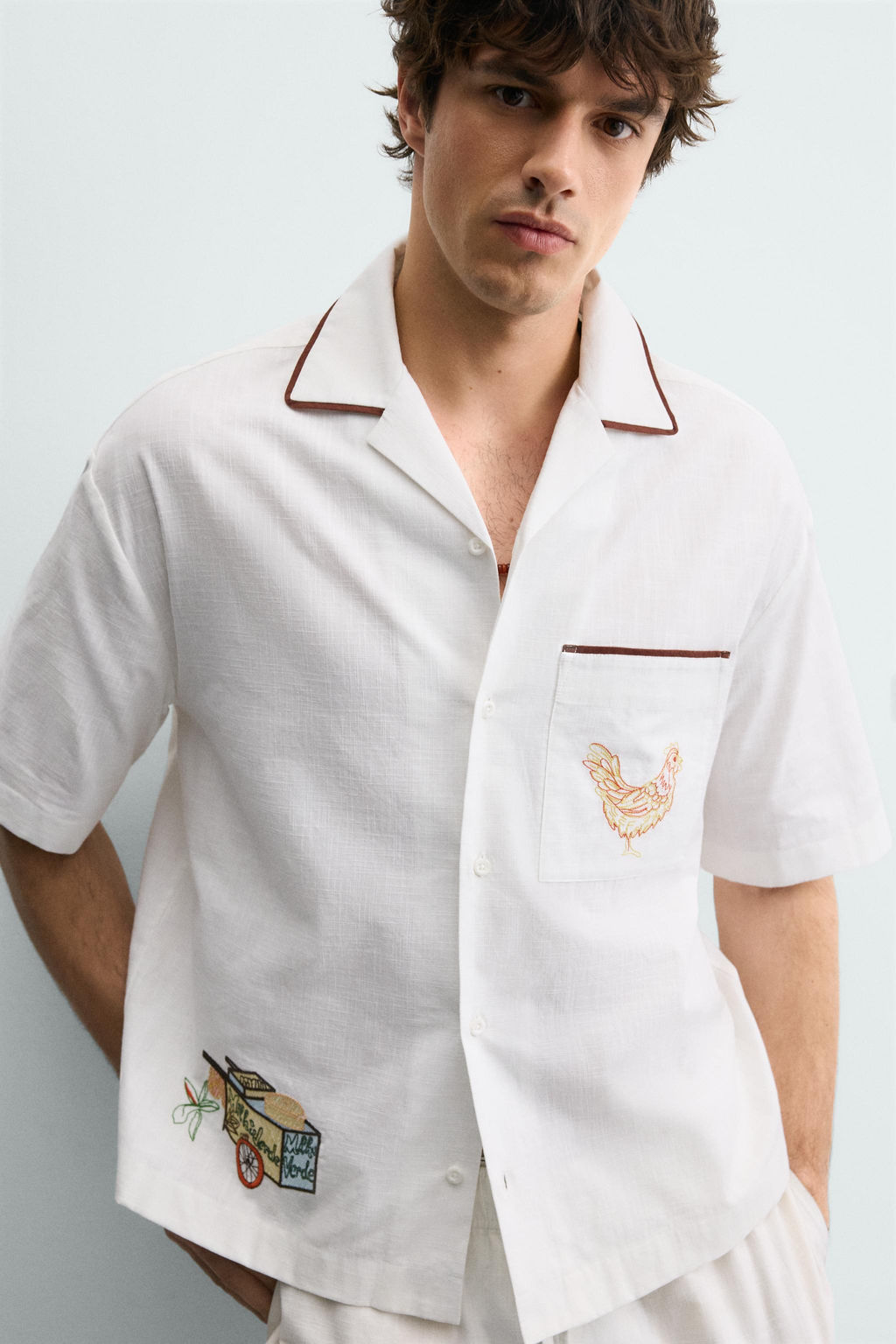 CAMISA RELAXED FIT BORDADOS CONTRASTE / Crudo - Zara фото 6