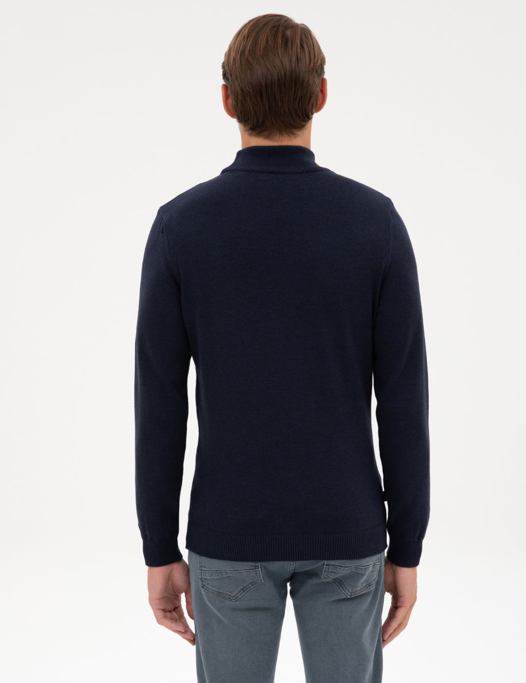 Lacivert Melanj Slim Fit Yar_m Bal_k__ Yaka Basic Triko Kazak