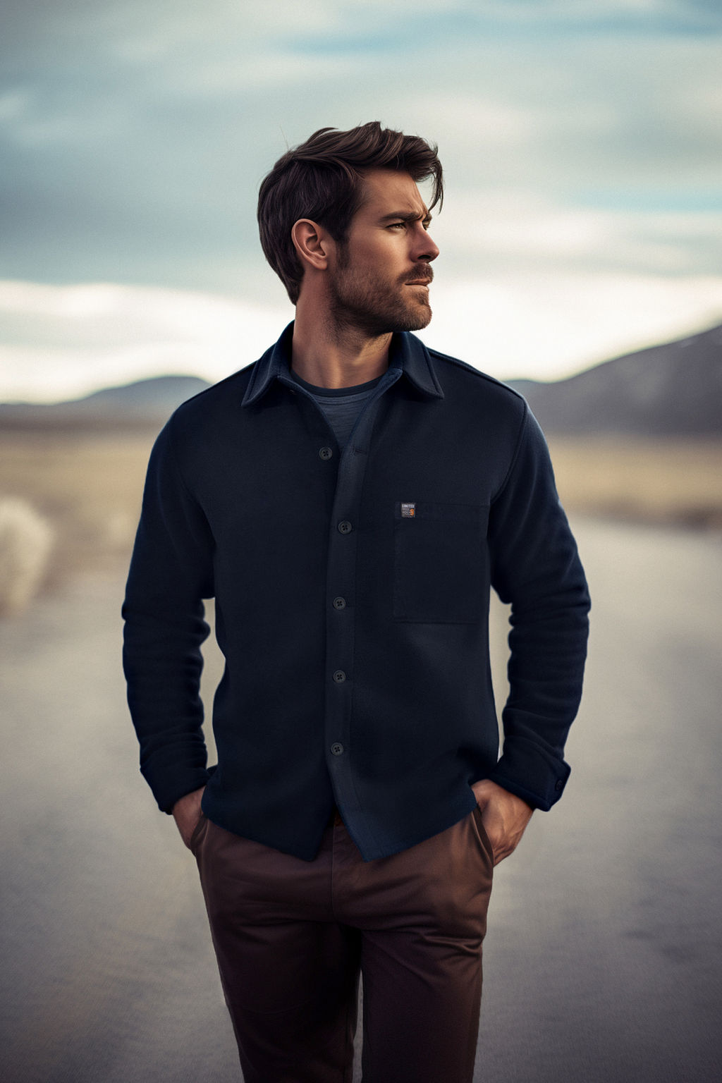 TRENDYOL MAN Lacivert Oversize Fit Gomlek Yaka Etiket Detayl? Kase Gomlek TMNAW24GO00015