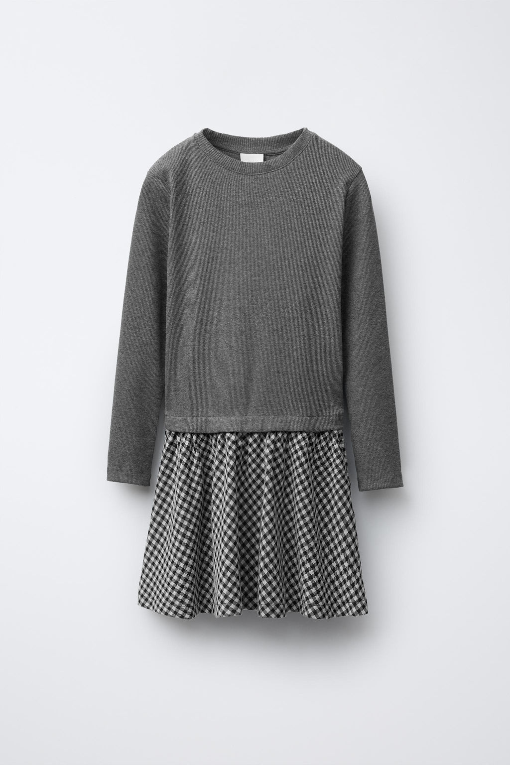 RIBBED COMBINATION DRESS WITH CHECK SKIRT
