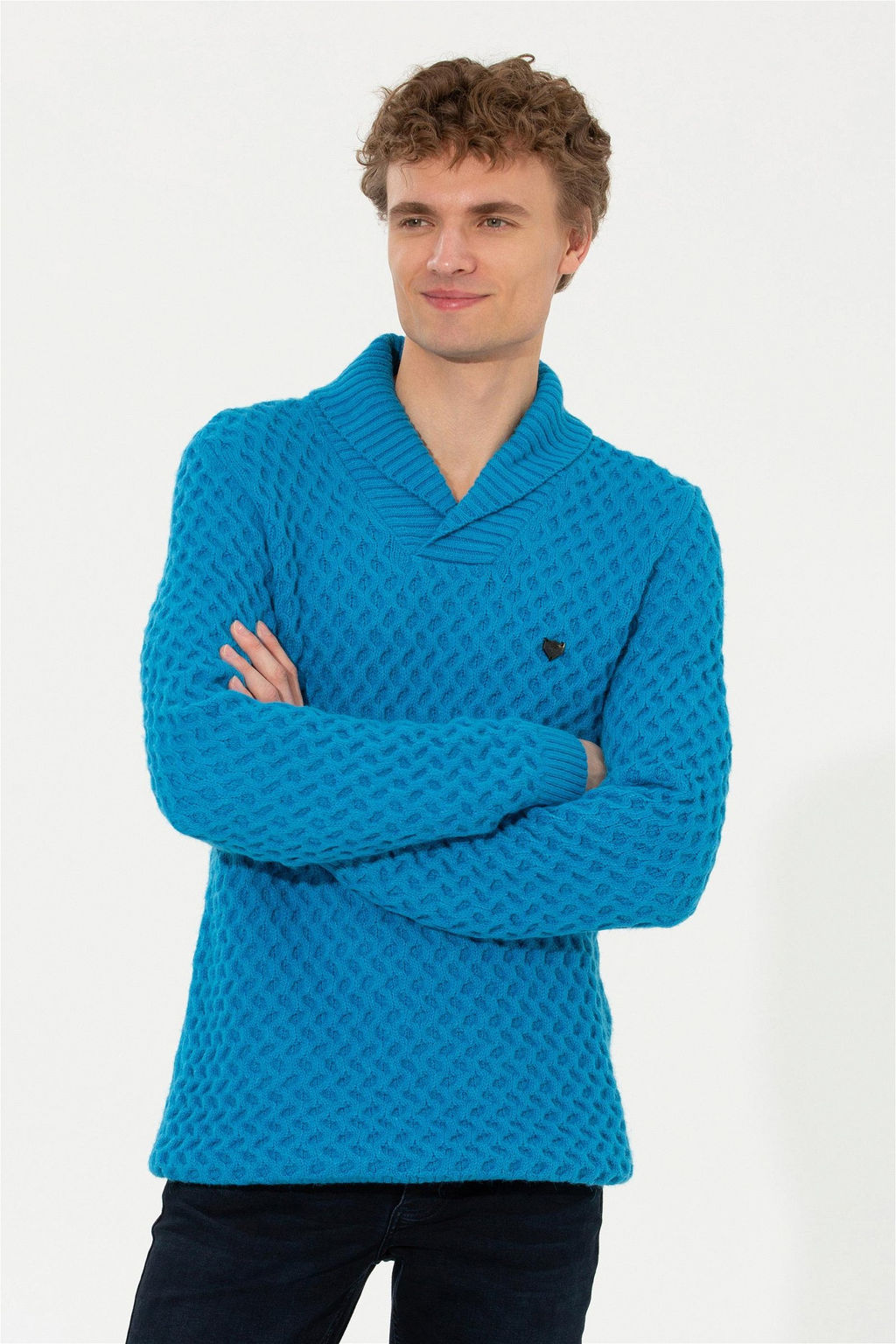 U. S. Polo Assn Мужской трикотажный свитер кобальтового меланжевого цвета с шалевым воротником - U.s. polo assn фото 7