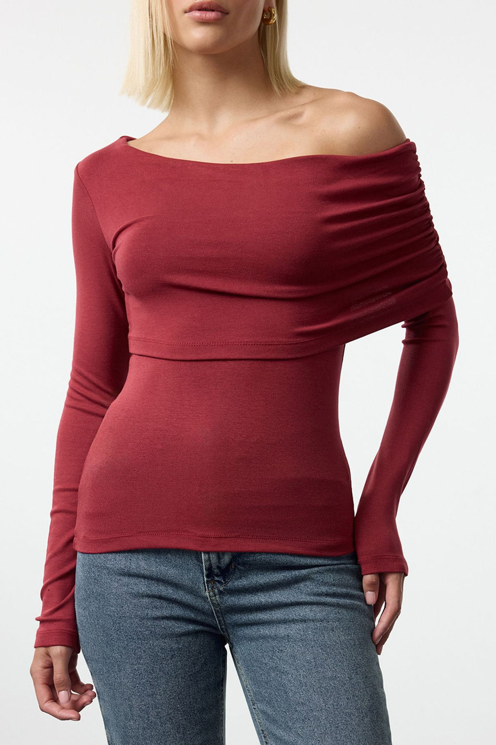 Trendyolmilla Siyah Asimetrik Yaka Fitted/Vucuda Oturan Esnek Orme Bluz TWOAW25BZ00262  фото 4