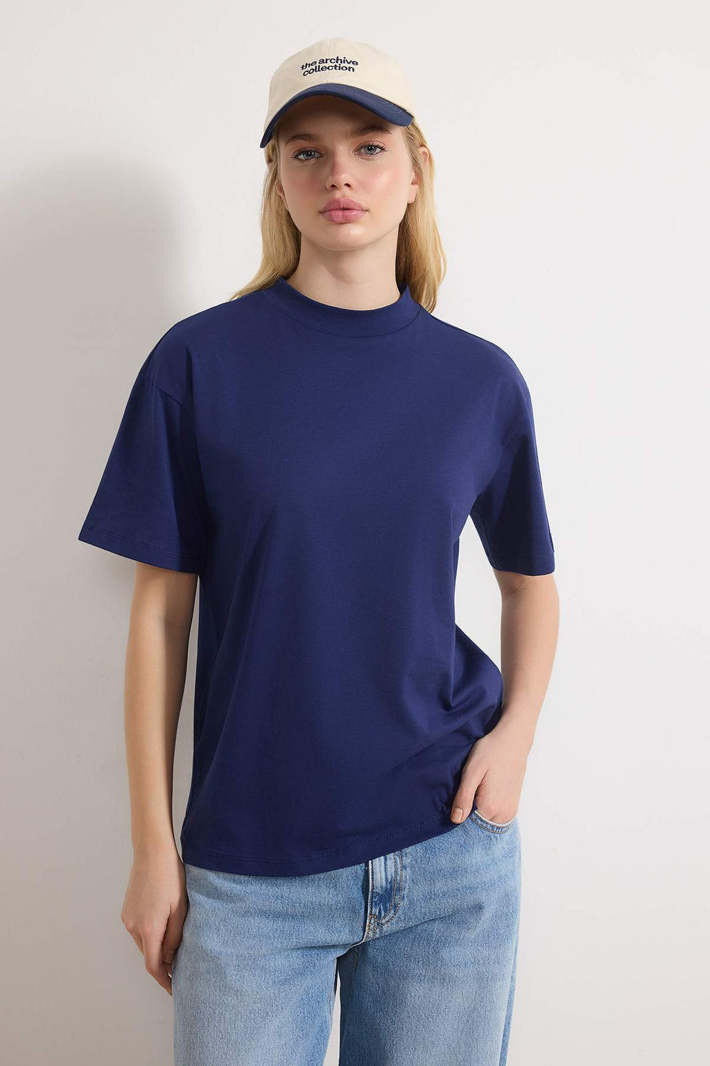 Lacivert-Gri Melanj 2li Paket %100 Pamuk Basic Dik Yaka Orme T-Shirt TWOSS20TS1500