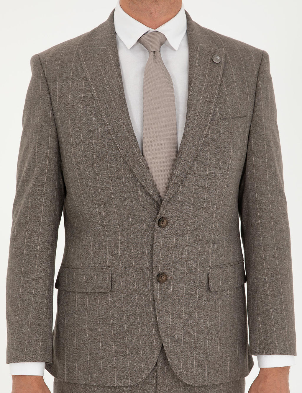 A__k Kahverengi Slim Fit _izgili Tak_m Elbise