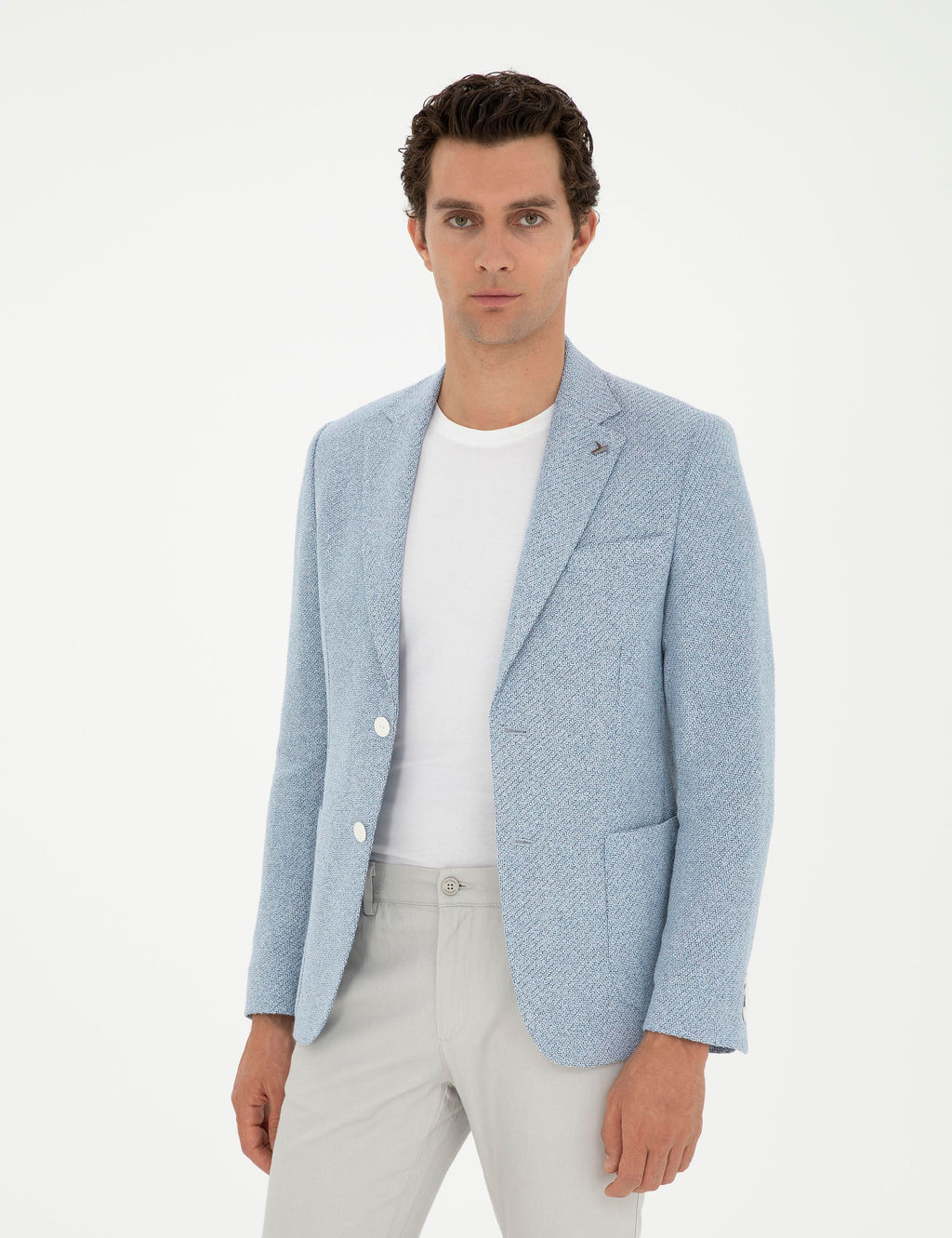 A__k Mavi Slim Fit Keten Kar___ml_ Ceket