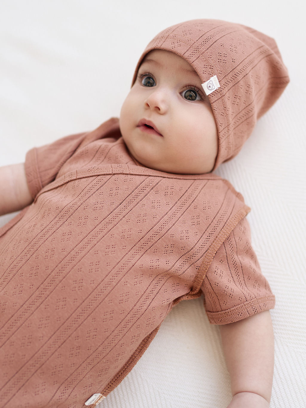 Боди-кимоно с коротким рукавом "Корица" из ажурного хлопка 0+