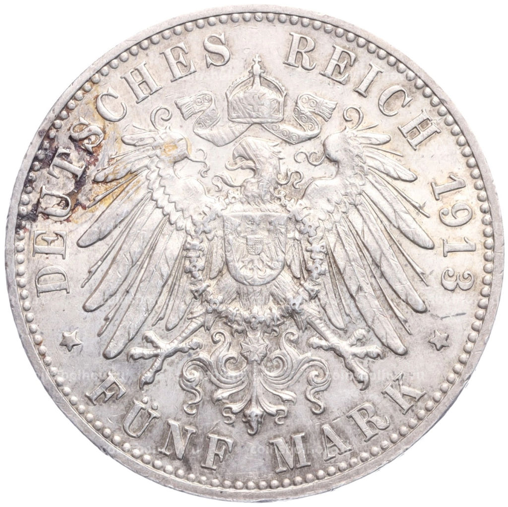 Монета 5 марок 1913 года F Германия (Вюртемберг)