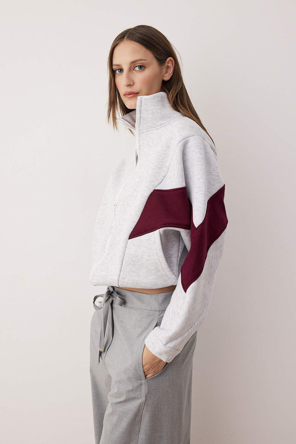 Gri Melanj Bordo Renk Bloklu Fermuarl? Dik Yaka Oversize Bomber Orme Sweatshirt TWOAW26SW00037