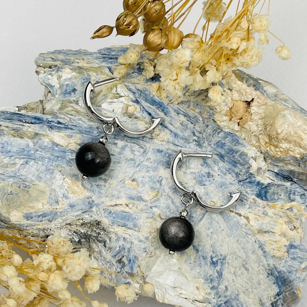 Серьги из серебристого Обсидиана