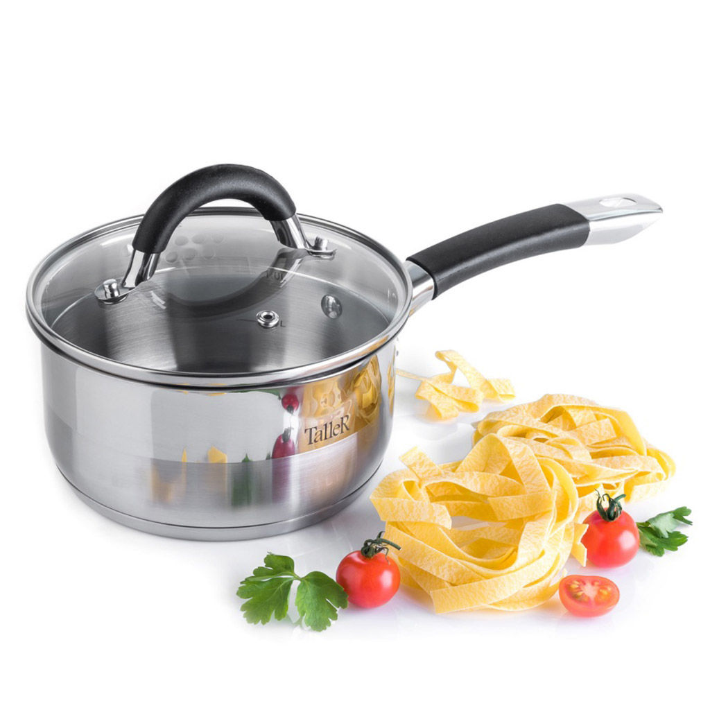 Ковш из нержавеющей стали Телфорд 1,5л, д16см, h8см, s0,6мм, дно s2,8мм, стеклянная жаропрочная крышка, широкий металлический ободок с отверстиями для слива жидкости, пароотвод, ручки из нержавеющей стали с силиконовыми вставками, капсулированное д - Домашняя мода фото 5