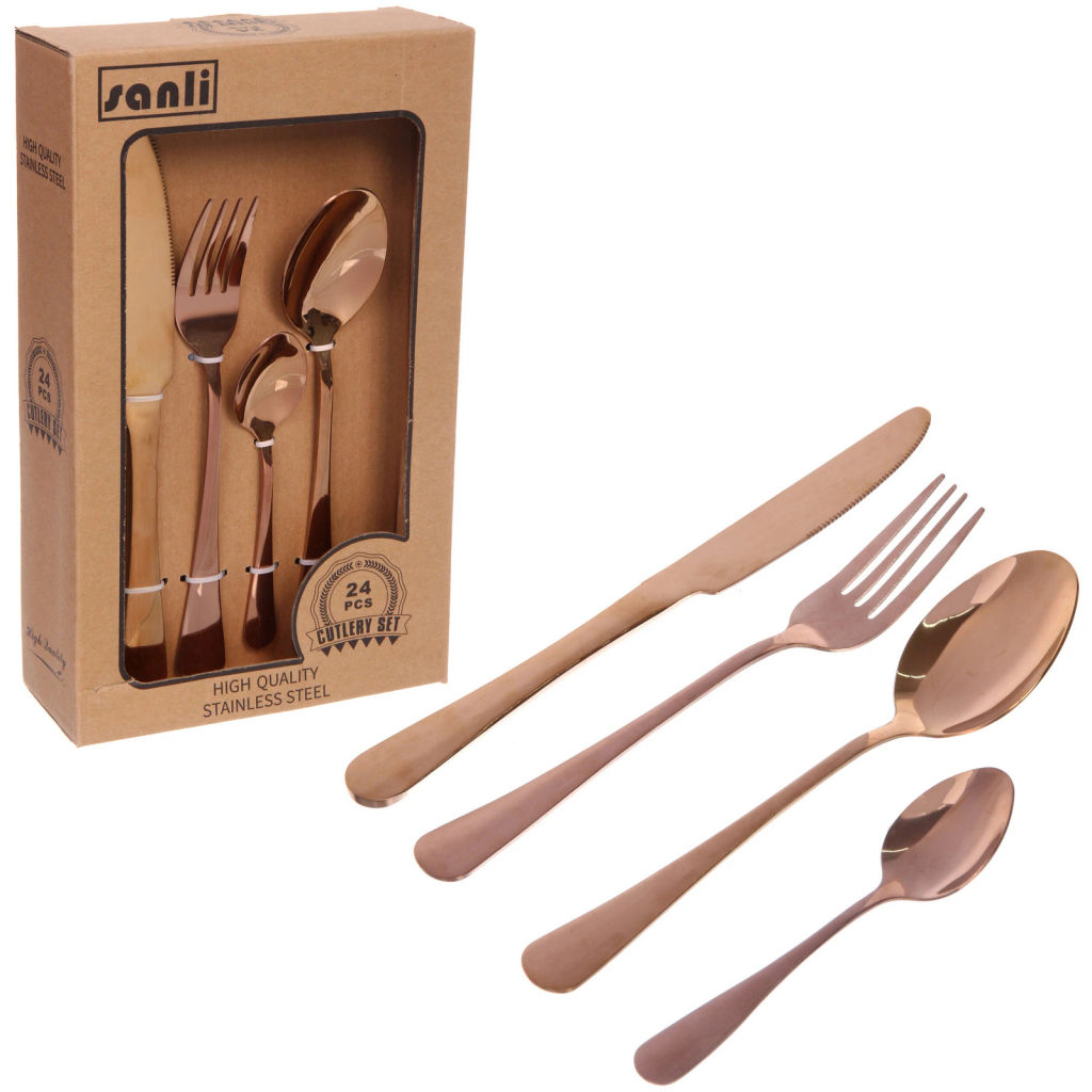 Набор столовых приборов "SANLI" 24шт (6ножей, 6вилок, 6ст.ложек, 6ч.ложек), цвет розовое золото