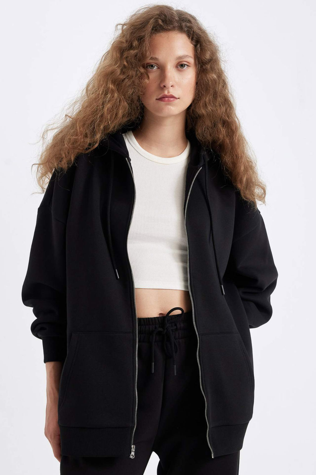 Oversize Genis Kal?p Kapusonlu Cepli Basic Duz Fermuarl? Sweatshirt - Defacto фото 2