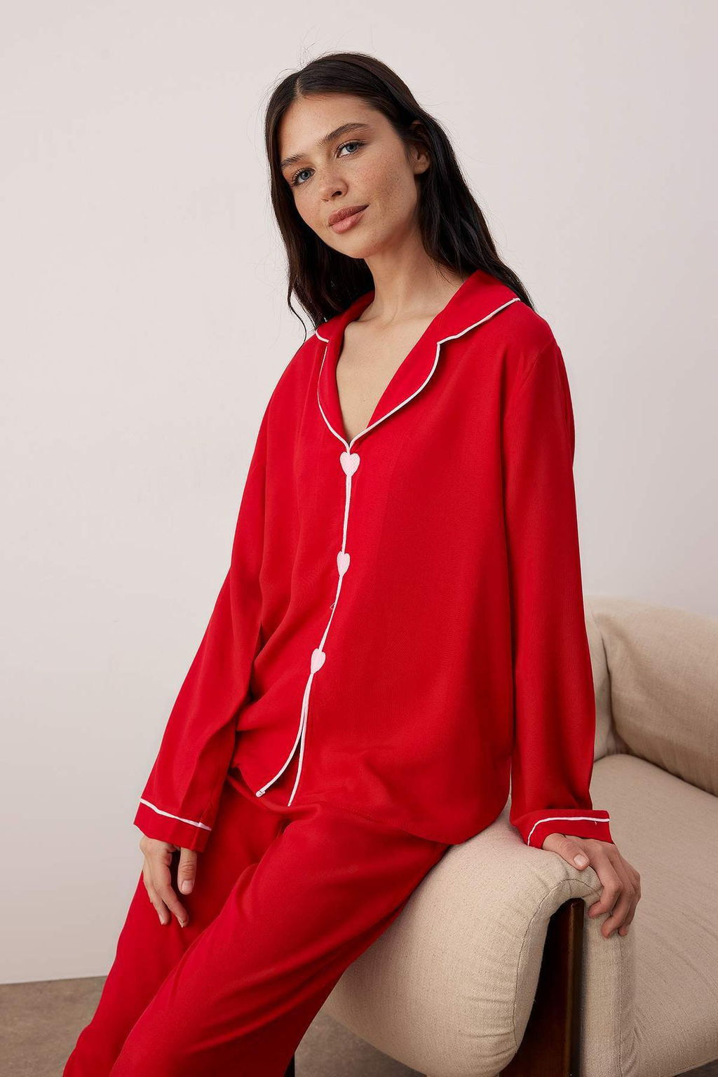 Bordo Kalp Nak?sl? Biyeli Viskon Dokuma Pijama Tak?m? THMAW25PT00179