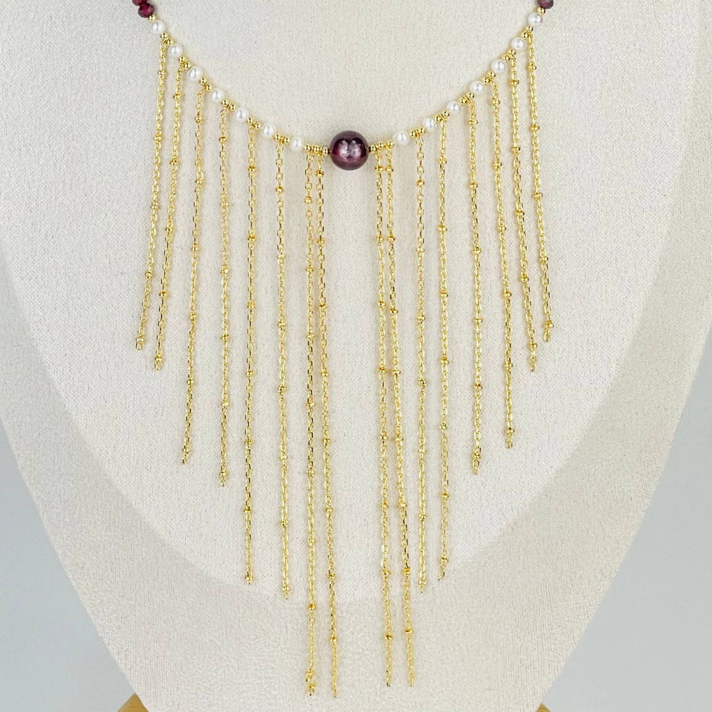 Колье из Граната, Жемчуга и Лепидолита 40 см +