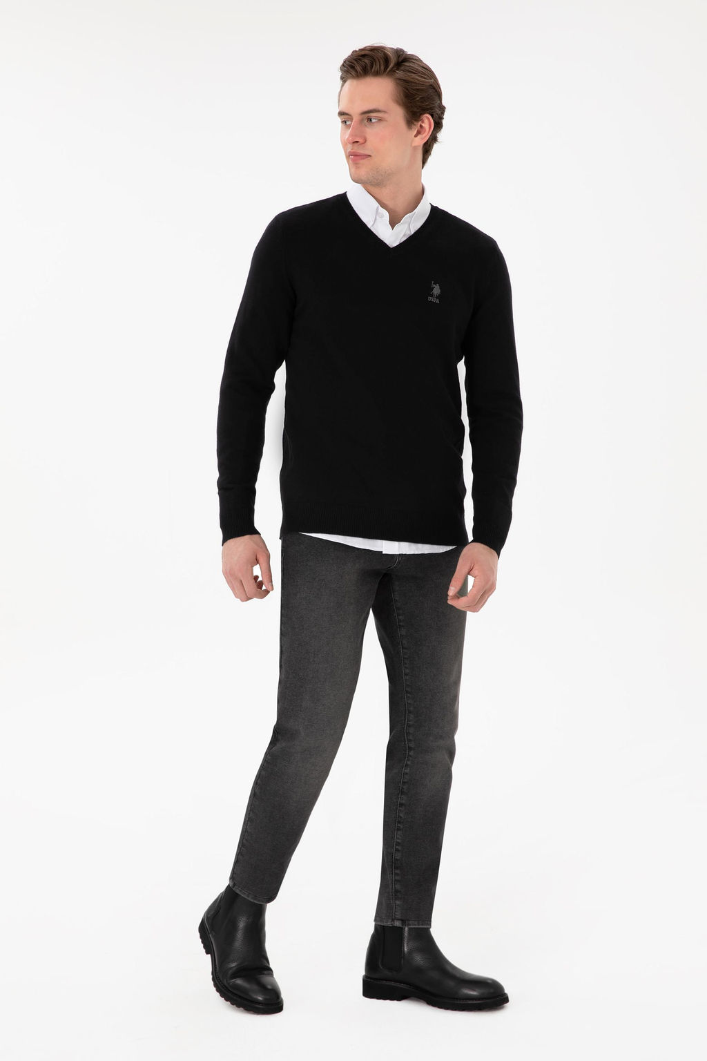 Erkek Slim Fit V Yaka Siyah Basic Kazak - U.s. polo assn фото 4